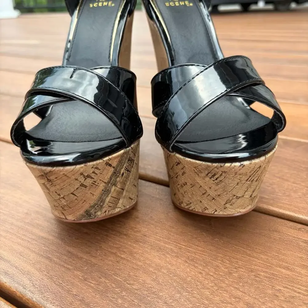 New Scene by ShoeDazzle Rayleen Black Patent Cork Platform Wedge Sandals Size 9